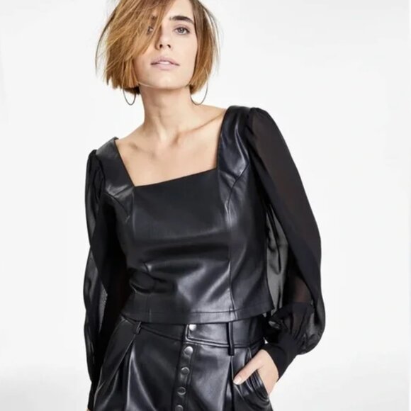 MARC NEW YORK Black Faux Leather Top – Sheer Sleeve Square Neck XL - Picture 1 of 6